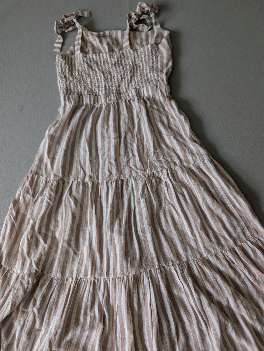 Linen Blend Tie Strap Ruffle Tier Coastal Neutral Striped Midi Dress Sz L Beach image 5